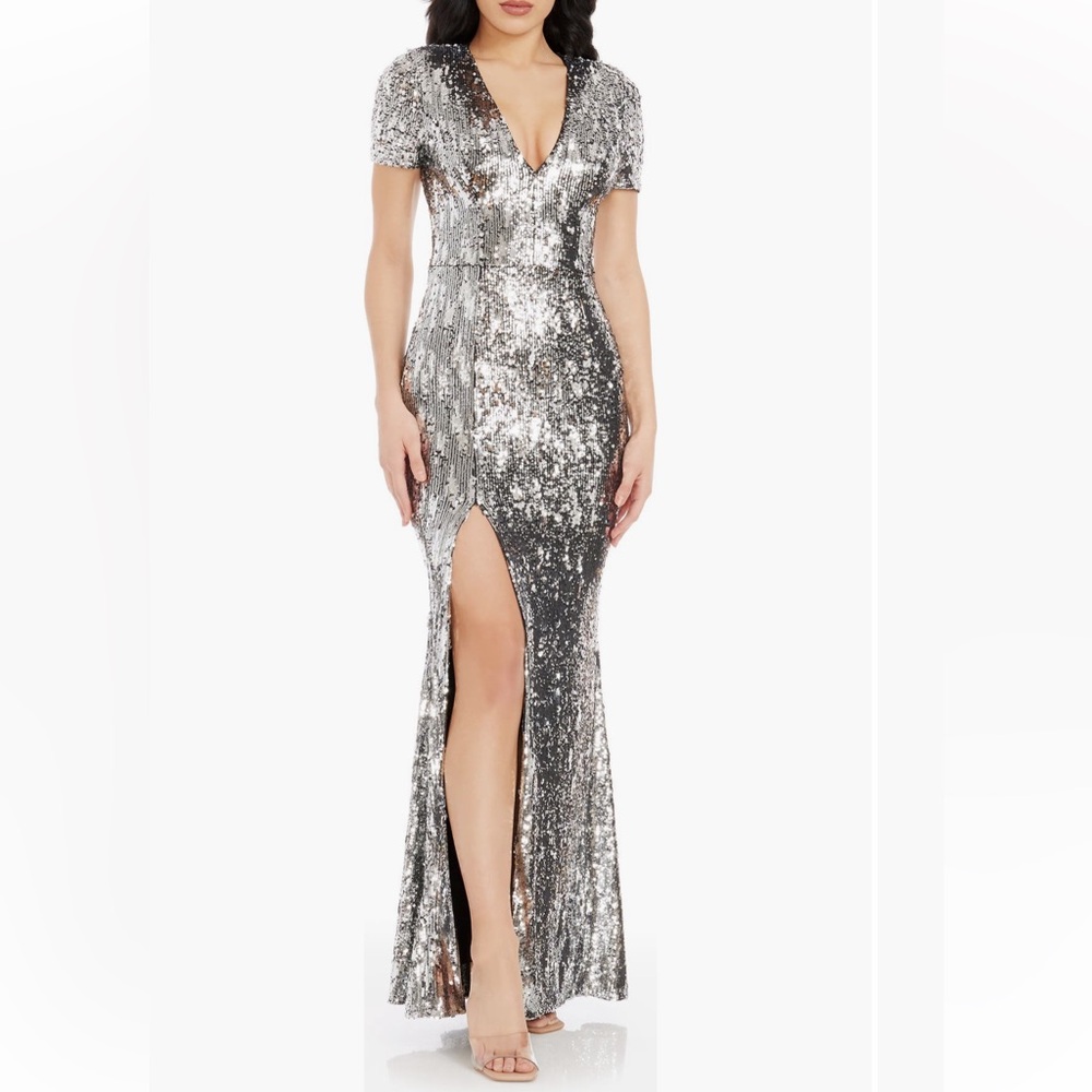 Dress the Population Silver Sequin Maxi Dress